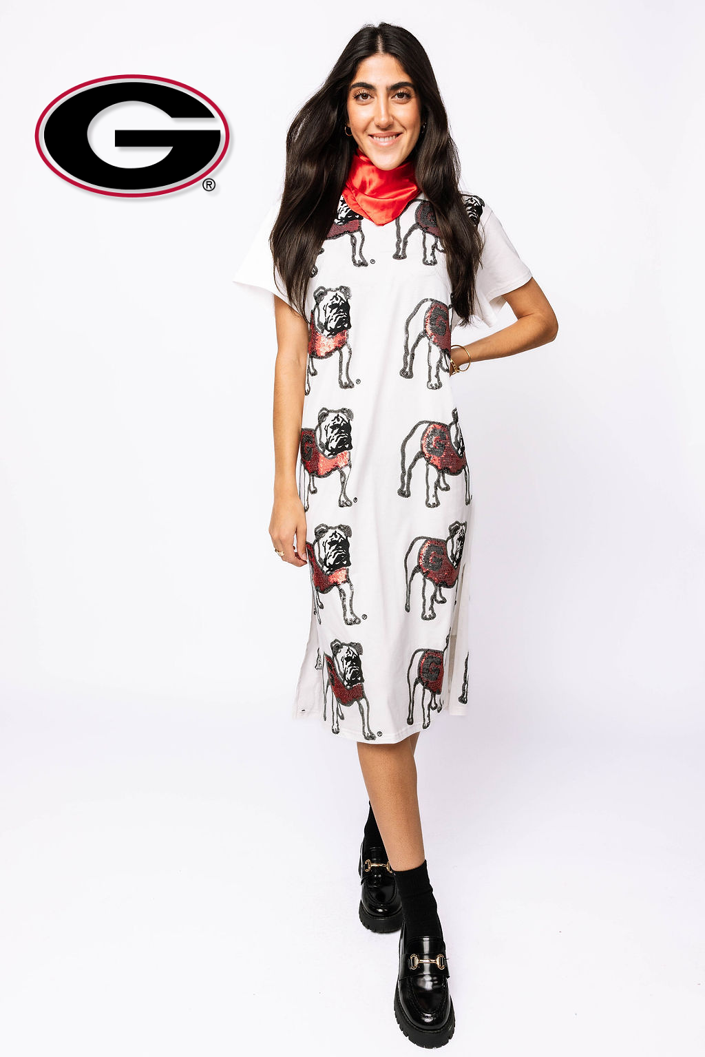 Licensed White Sequin Georgia Bulldog Midi Dress
