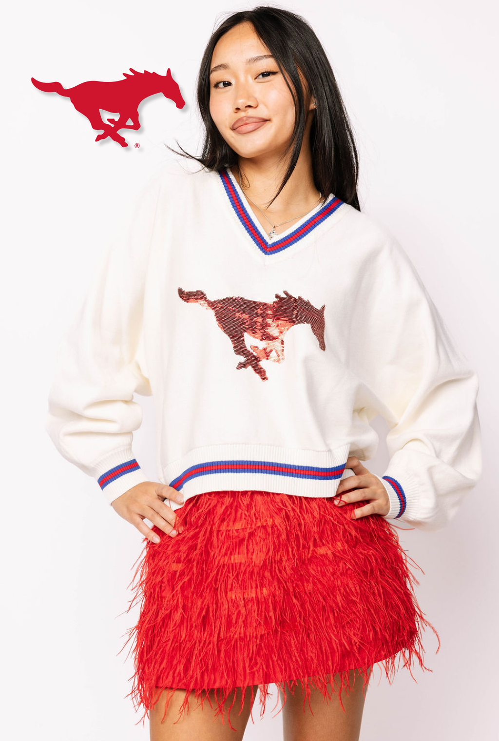 Licensed SMU V Neck Striped Cuff LS Sweater With Small Mascot