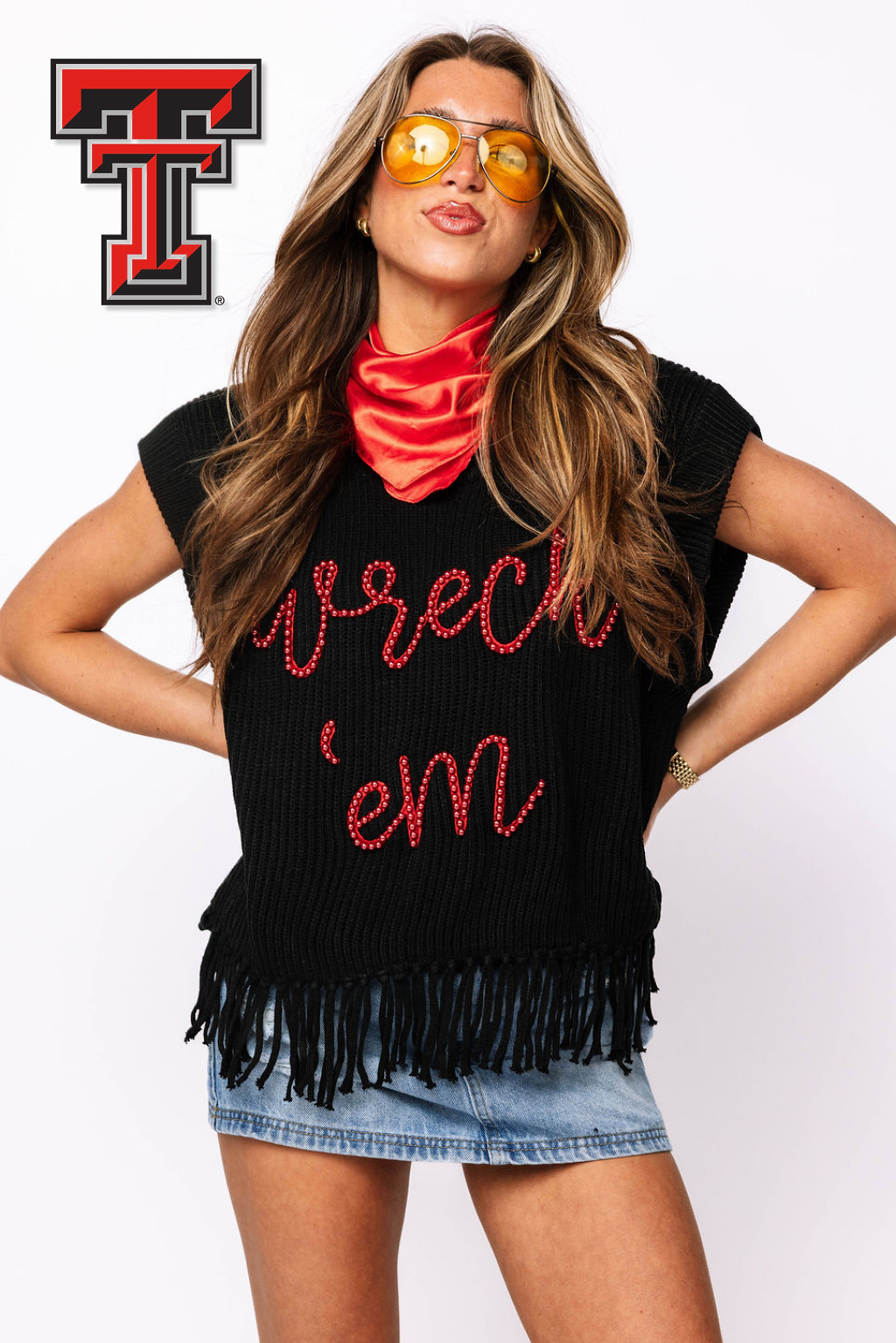 Licensed-Black & Red 'Wreck Em' Fringe Sweater Vest