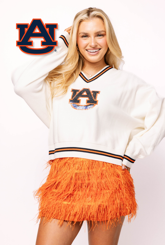 Licensed Auburn V Neck Striped Cuff LS Sweater With Small Mascot