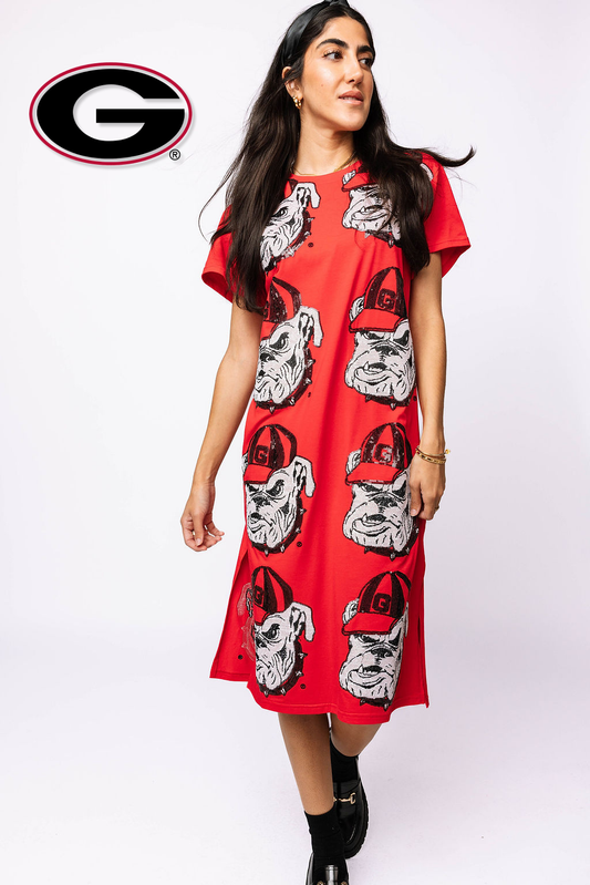 Licensed Red Sequin Georgia Bulldog Head Midi Tee Dress