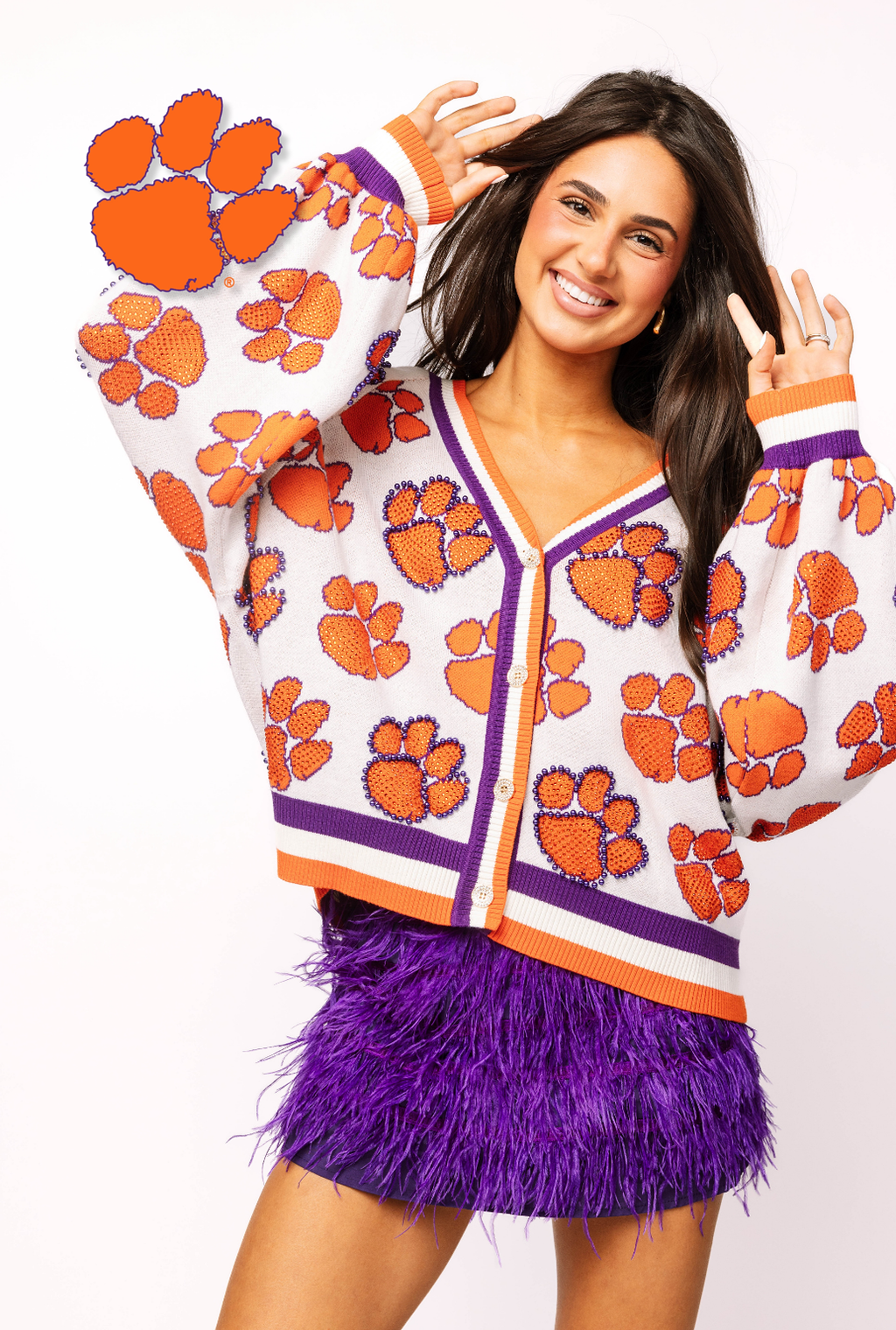 Licensed Clemson Knit In Mascot Rhinestone Cardigan