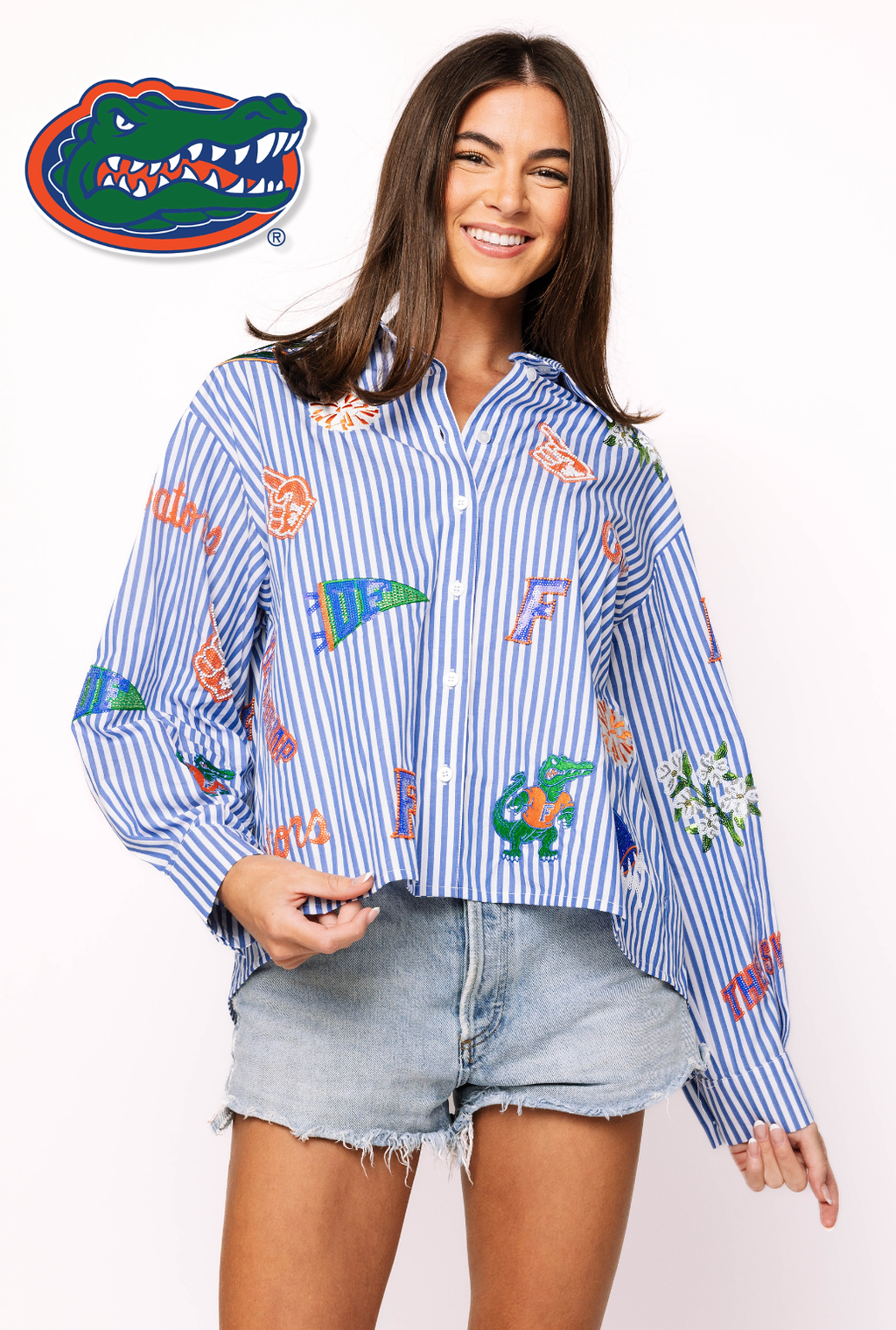 Licensed Florida Mini Icon Striped Button Down Long Sleeve Top