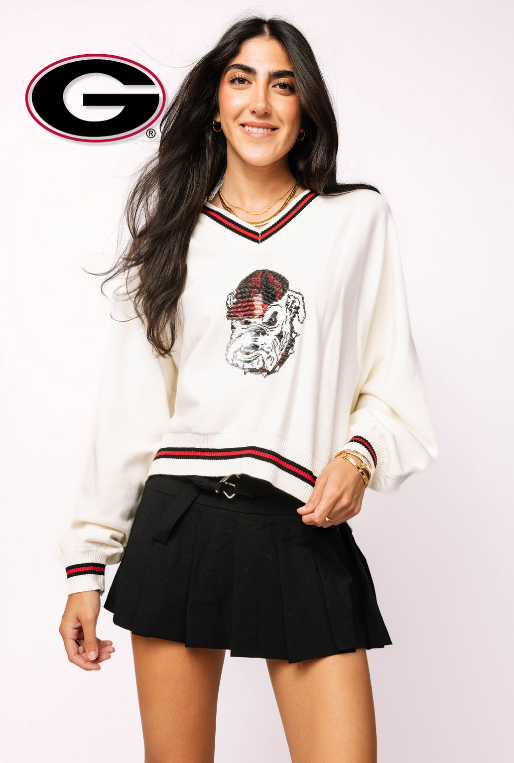 Licensed Georgia V Neck Striped Cuff LS Sweater With Small Mascot