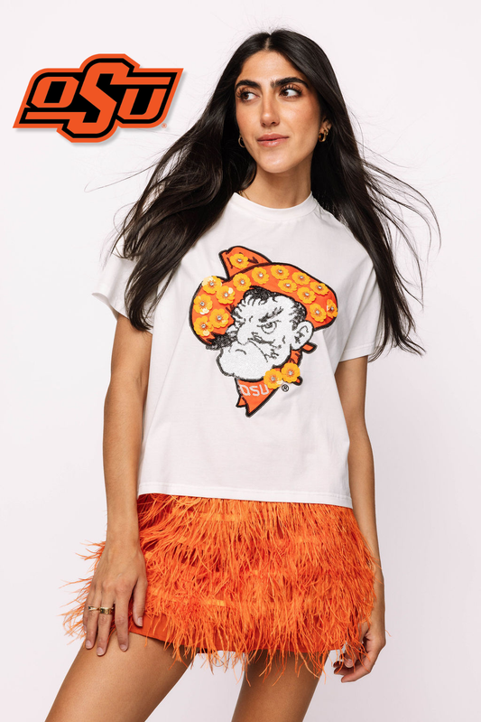 Licensed Oklahoma State Mascot Sequin Flower Tee