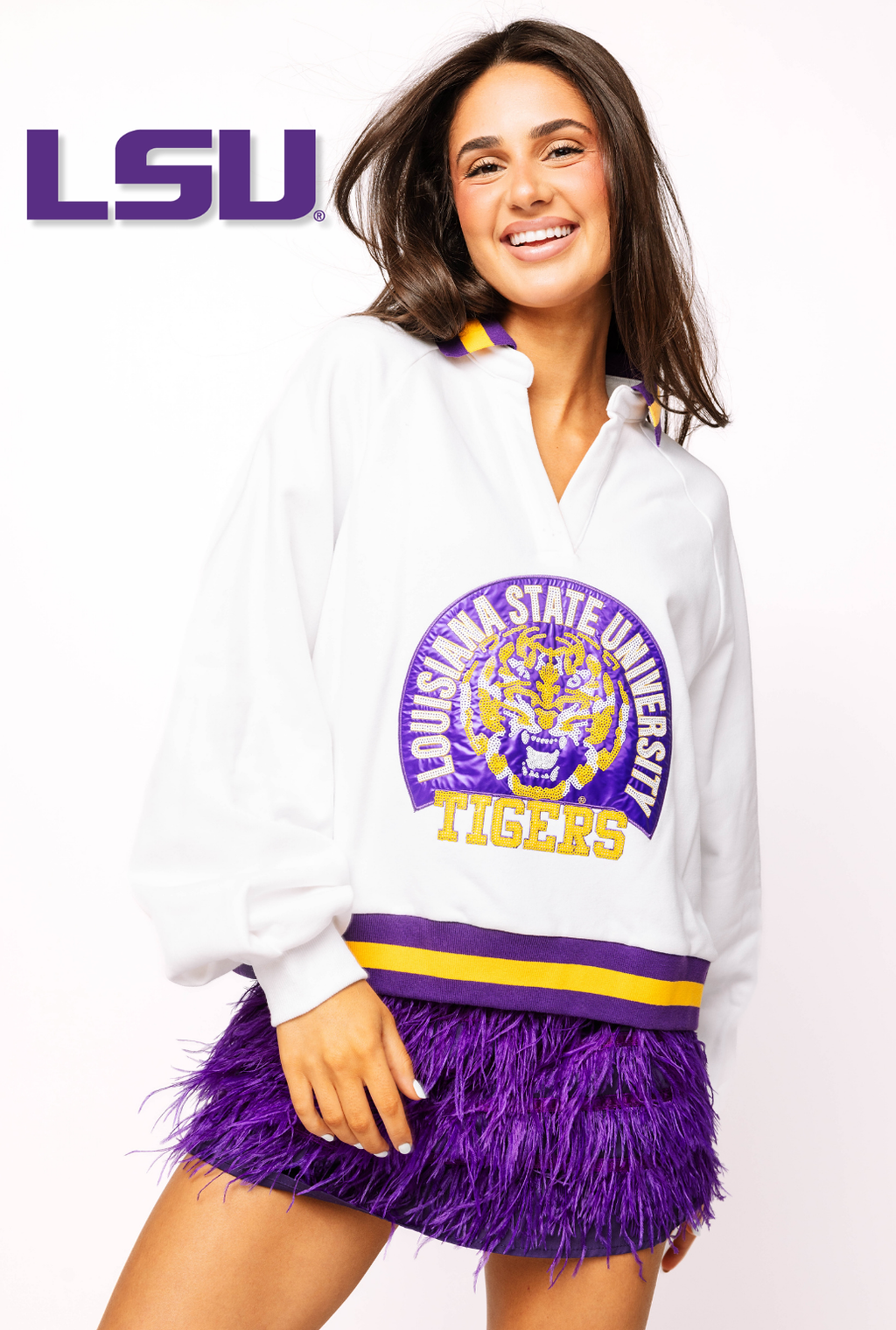 Licensed LSU Striped Collar Circular Mascot Sweatshirt