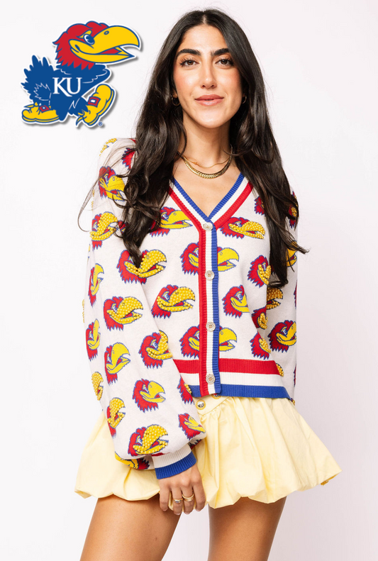 Licensed Kansas Knit In Mascot Rhinestone Cardigan