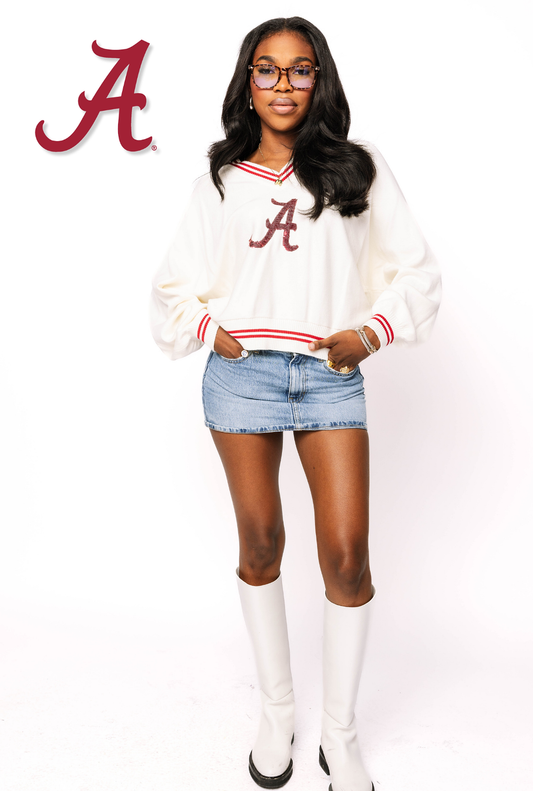 Licensed Alabama V Neck Striped Cuff LS Sweater With Small Mascot