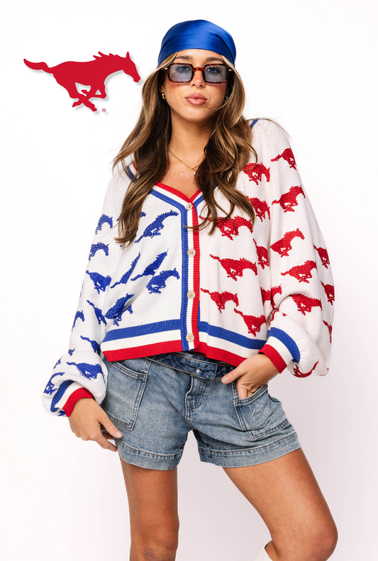 Licensed SMU Knit In Mascot Rhinestone Cardigan
