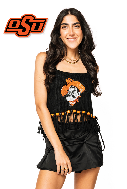 Licensed Oklahoma State Fringe Bead Sweater Tank