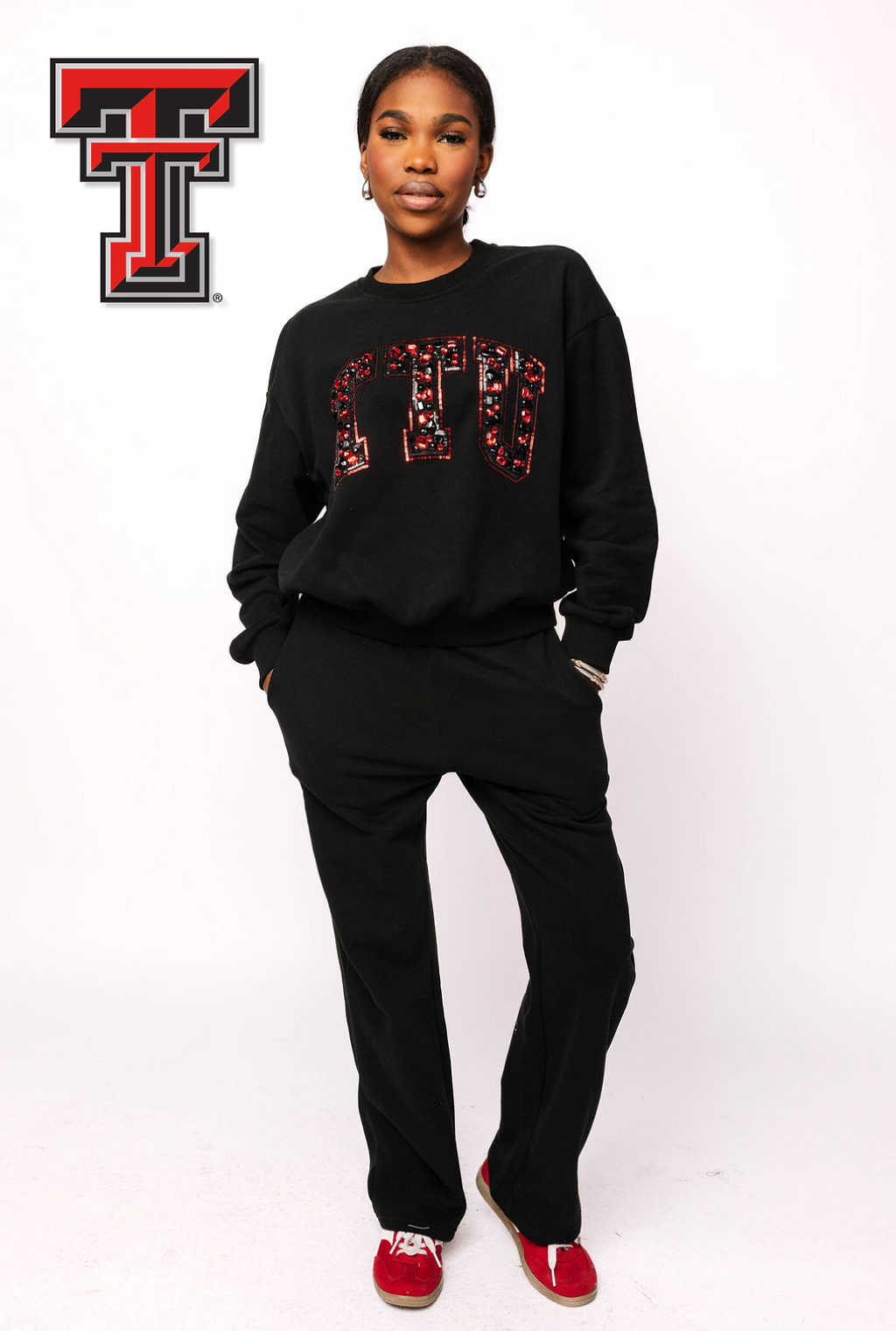 Licensed Texas Tech Black with Multi Jewel Letter Sweatshirt