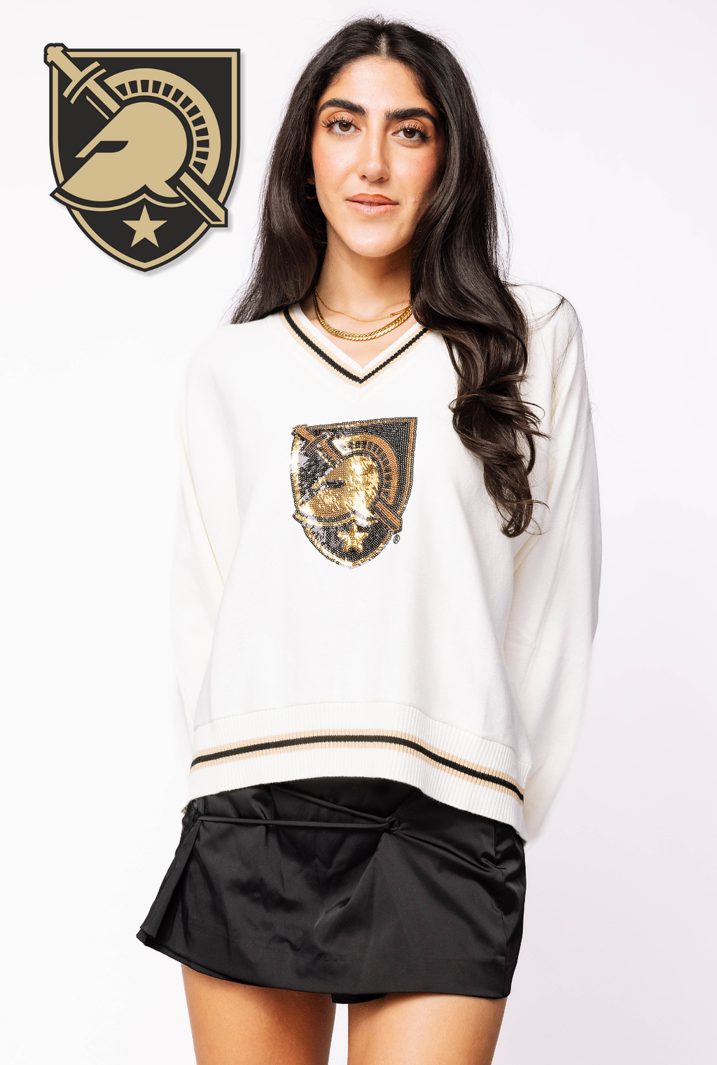 Licensed Army V Neck Striped Cuff LS Sweater With Small Mascot