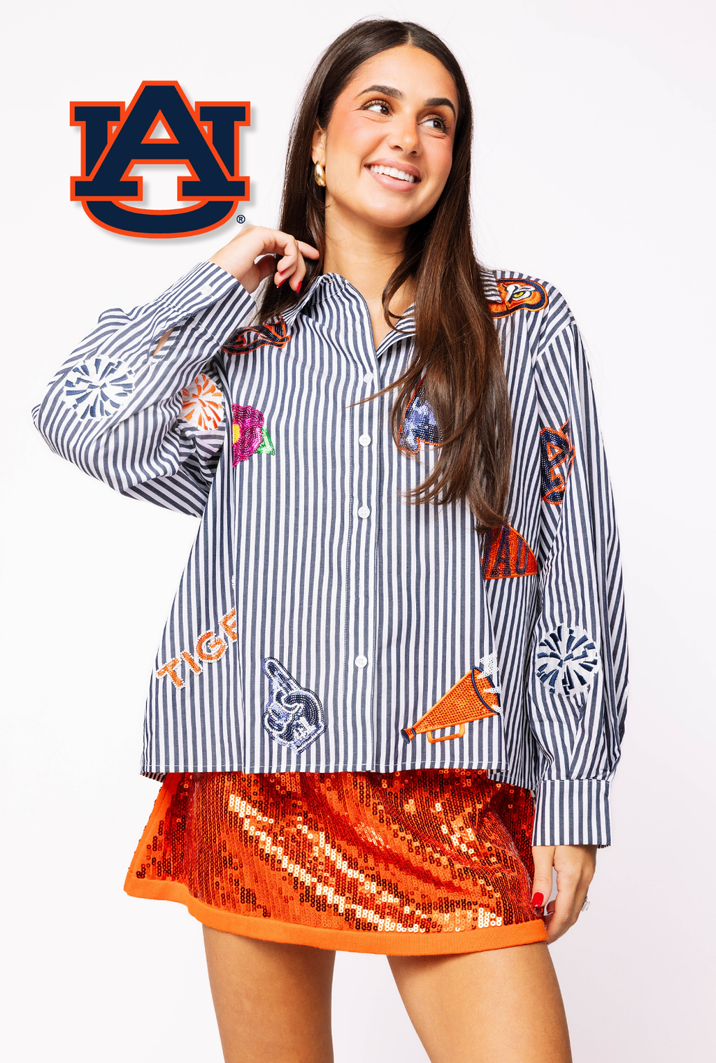 Licensed Auburn Mini Icon Striped Button Down Long Sleeve Top
