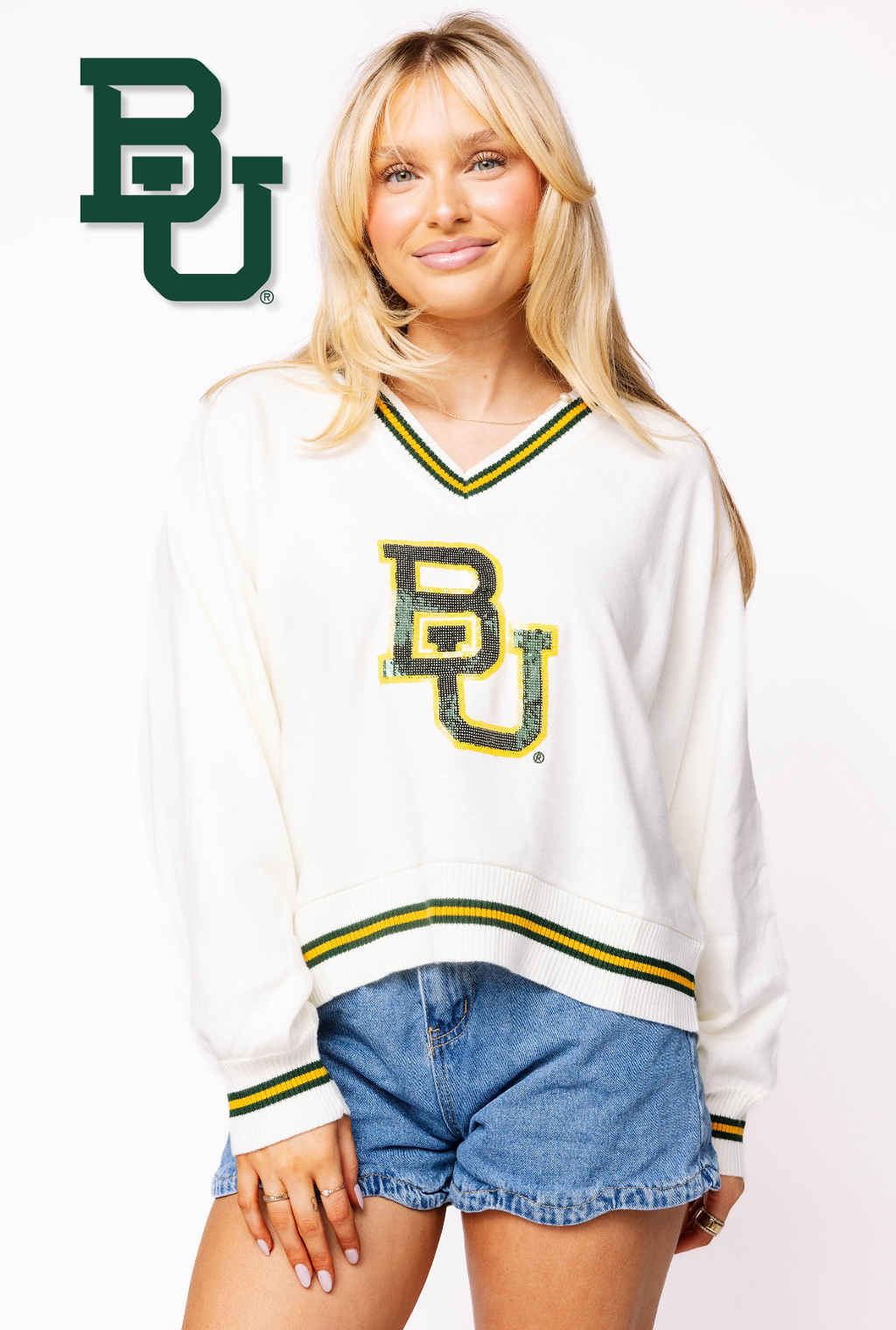 Licensed Baylor V Neck Striped Cuff LS Sweater With Small Mascot