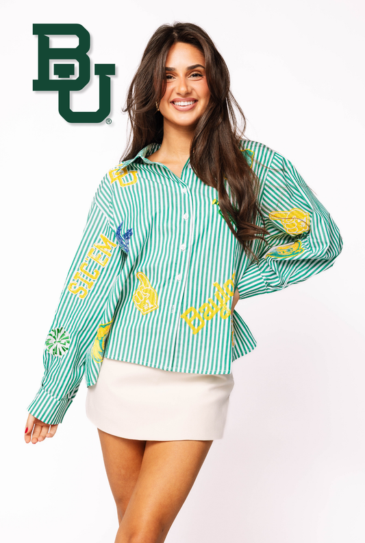 Licensed Baylor Mini Icon Striped Button Down Long Sleeve Top