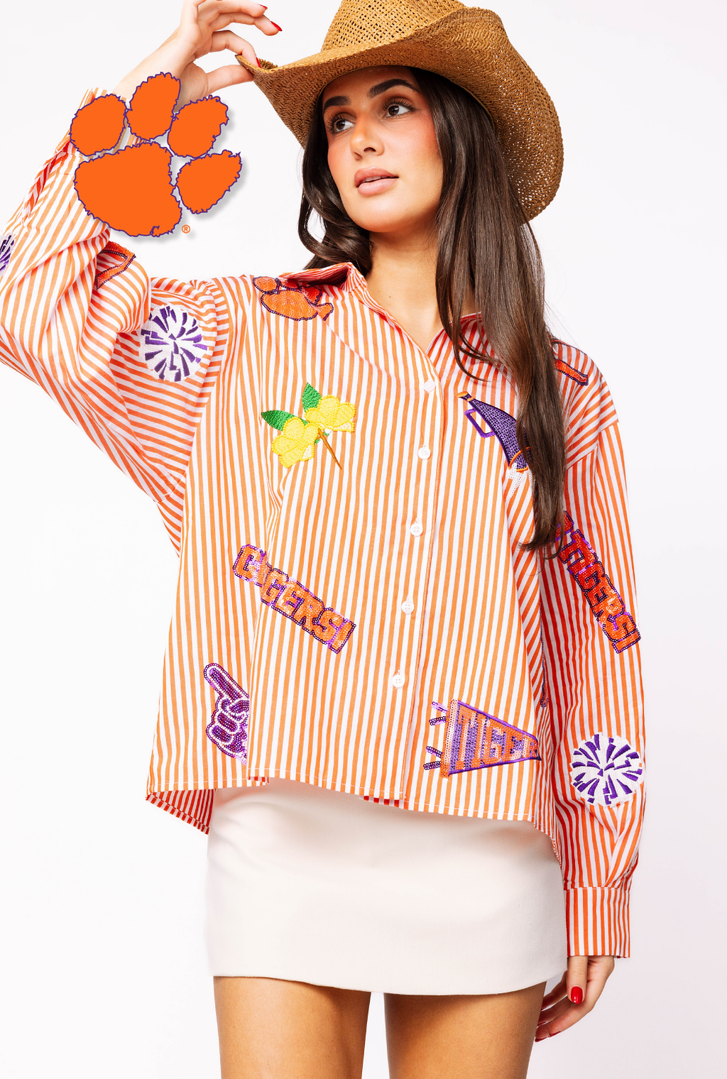Licensed Clemson Mini Icon Striped Button Down Long Sleeve Top