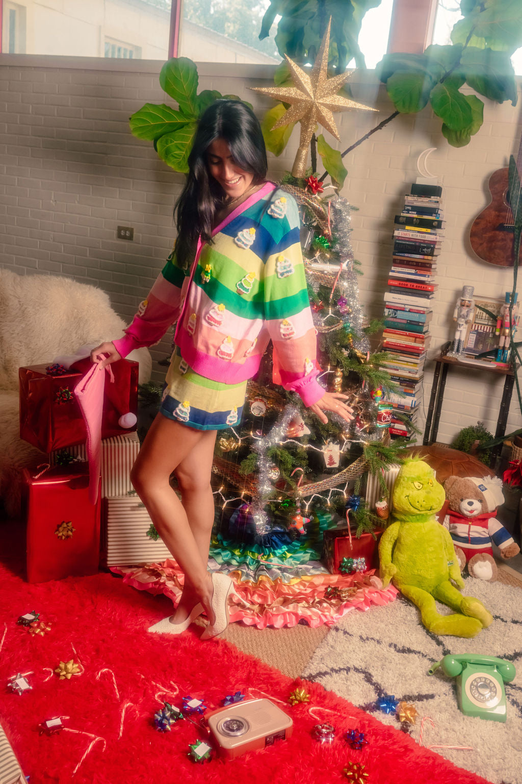 Rainbow Stripe Knit Christmas Tree Skirt