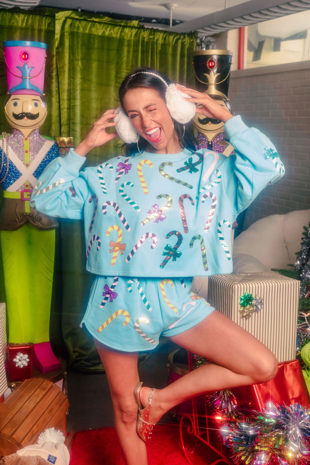 Bright Blue Rainbow Candy Canes Shorts