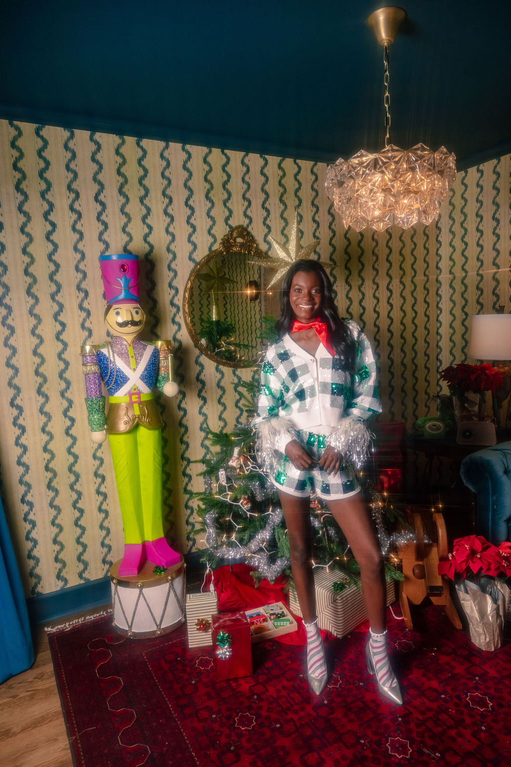 Green & White Buffalo Plaid Full Sequin Knit Shorts