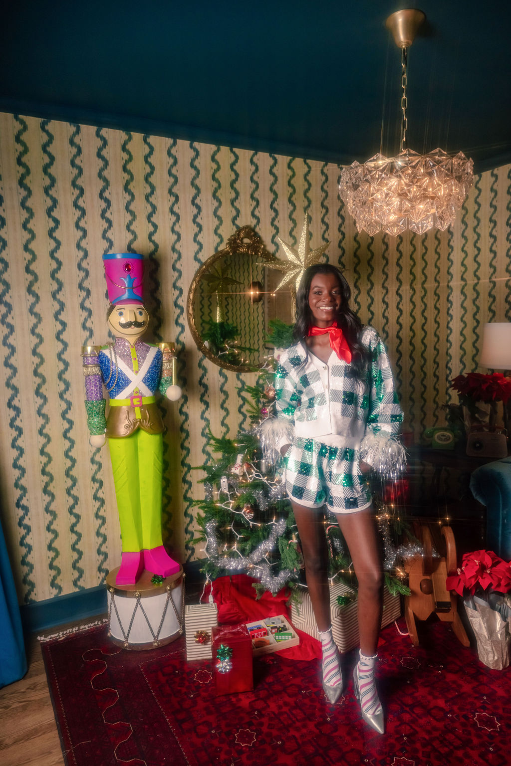 Green & White Buffalo Plaid Full Sequin Knit Shorts