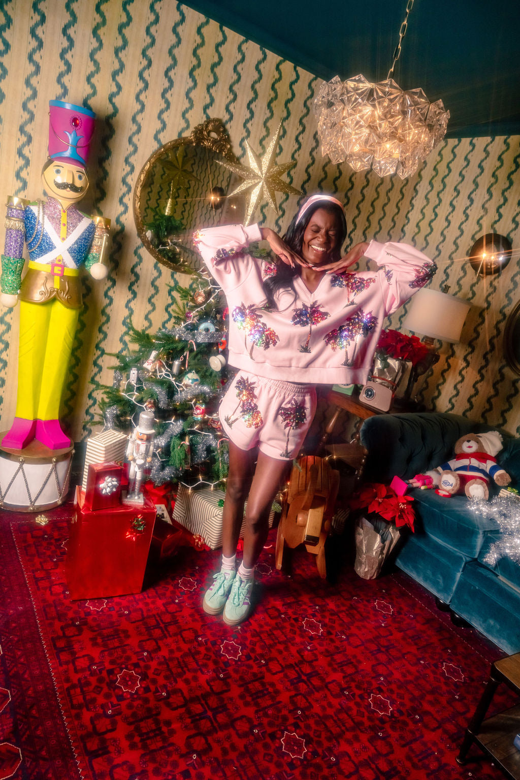 Light Pink, Green & Red Multi Christmas Light Palm Tree Short