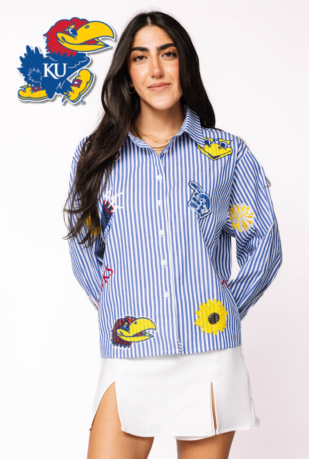 Licensed Kansas Mini Icon Striped Button Down Long Sleeve Top
