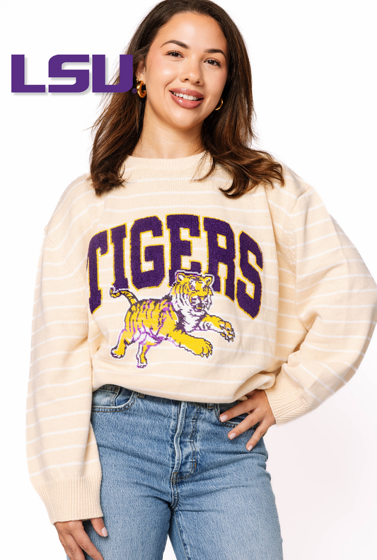Licensed LSU Beige Stripe Vintage Team Sweater