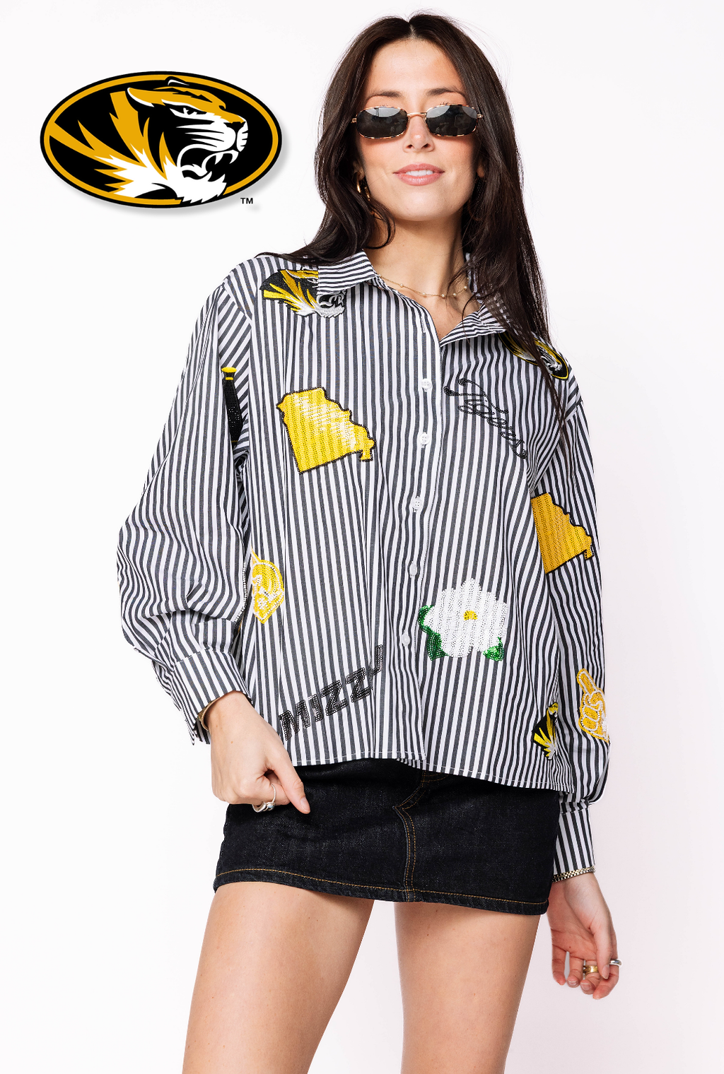 Licensed Mizzou Mini Icon Striped Button Down Long Sleeve Top