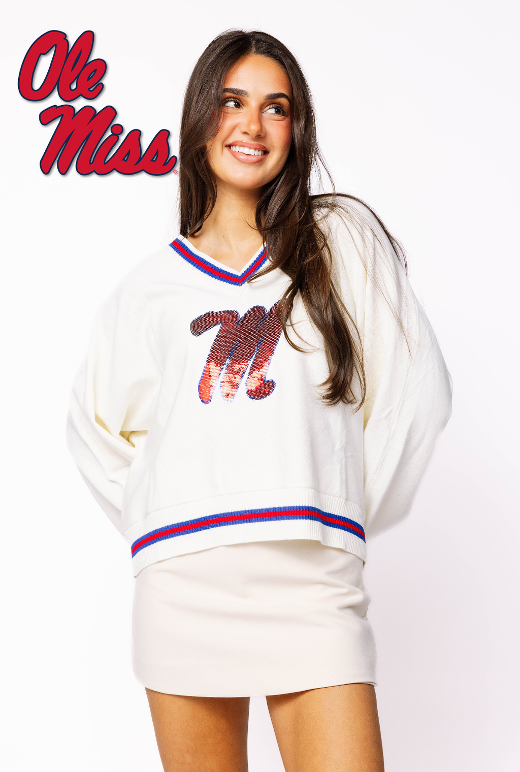 Licensed Ole Miss V Neck Striped Cuff LS Sweater With Small Mascot