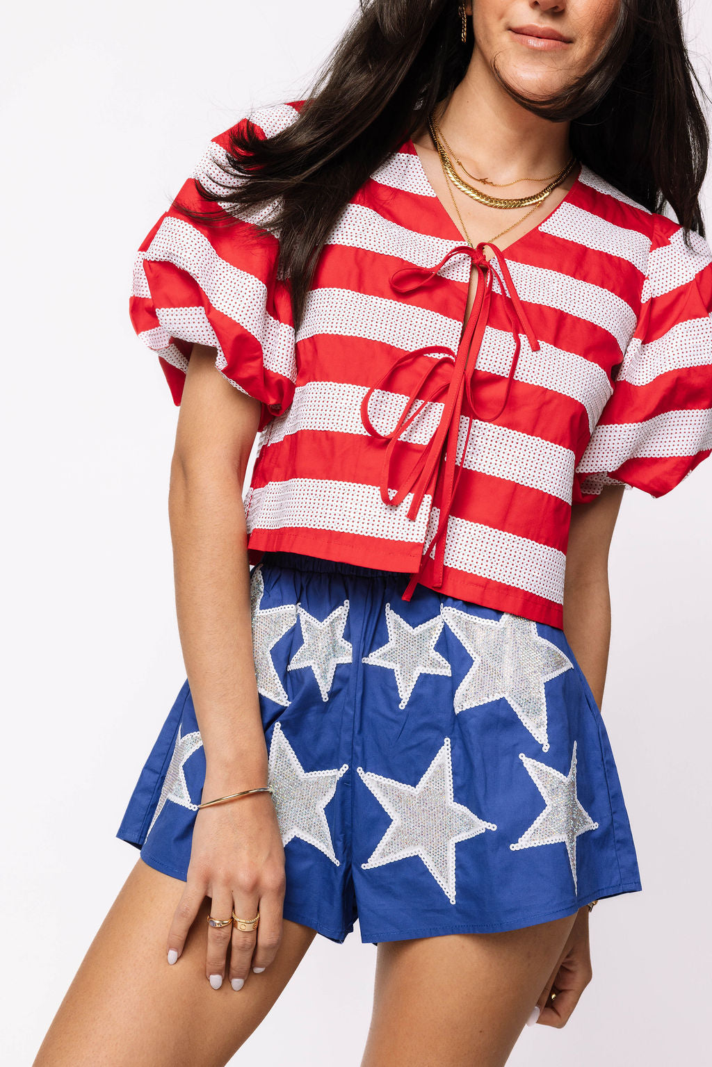 Red & White Stripe Cotton Poof Sleeve Tie Top