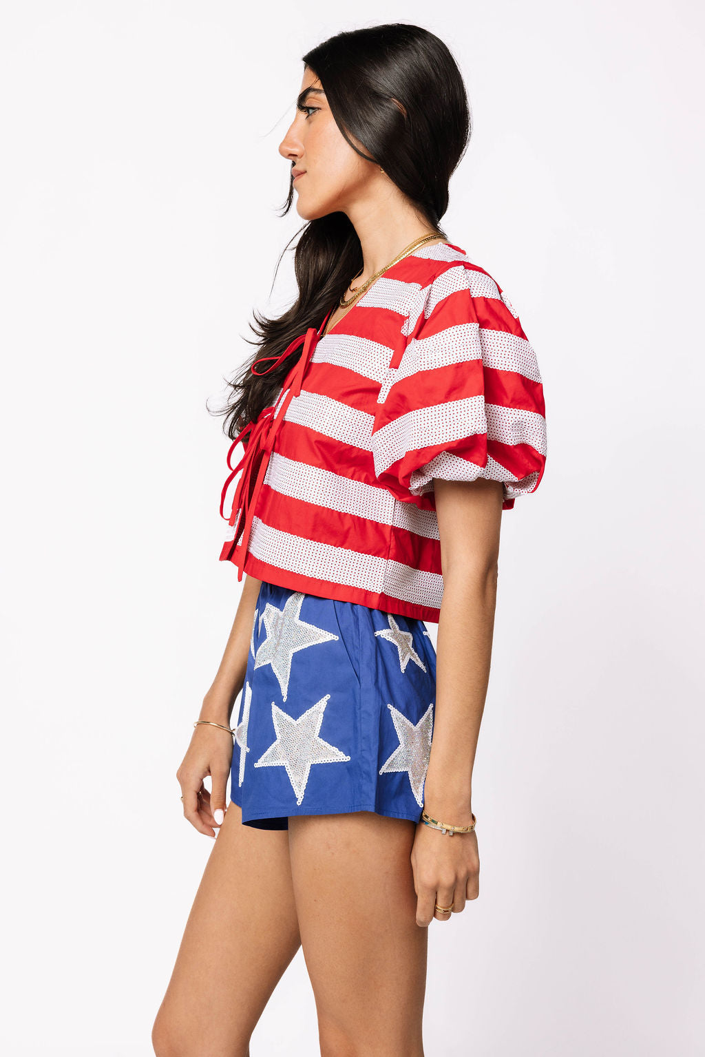 Red & White Stripe Cotton Poof Sleeve Tie Top