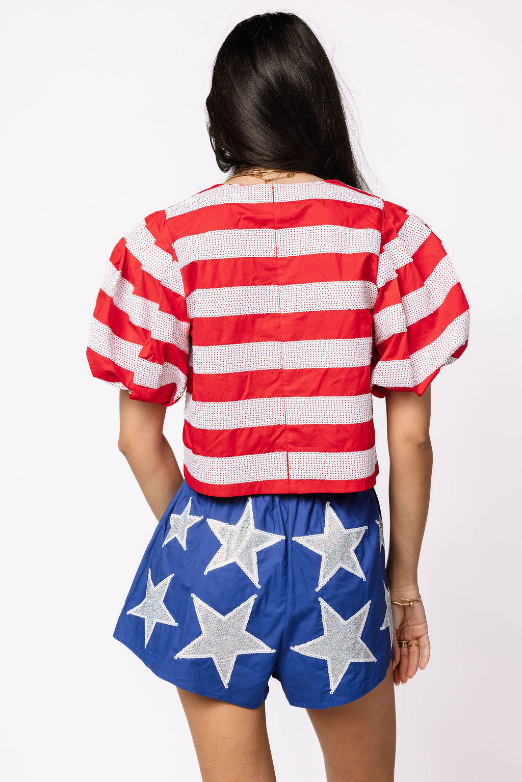 Red & White Stripe Cotton Poof Sleeve Tie Top