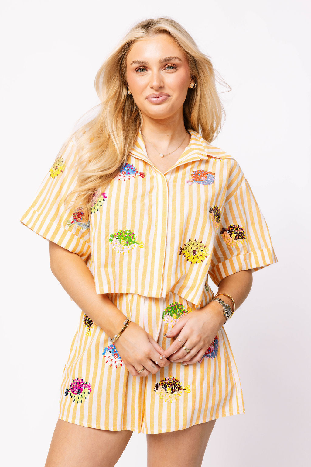 Yellow & White Stripe Multi Puffer Button Up Top