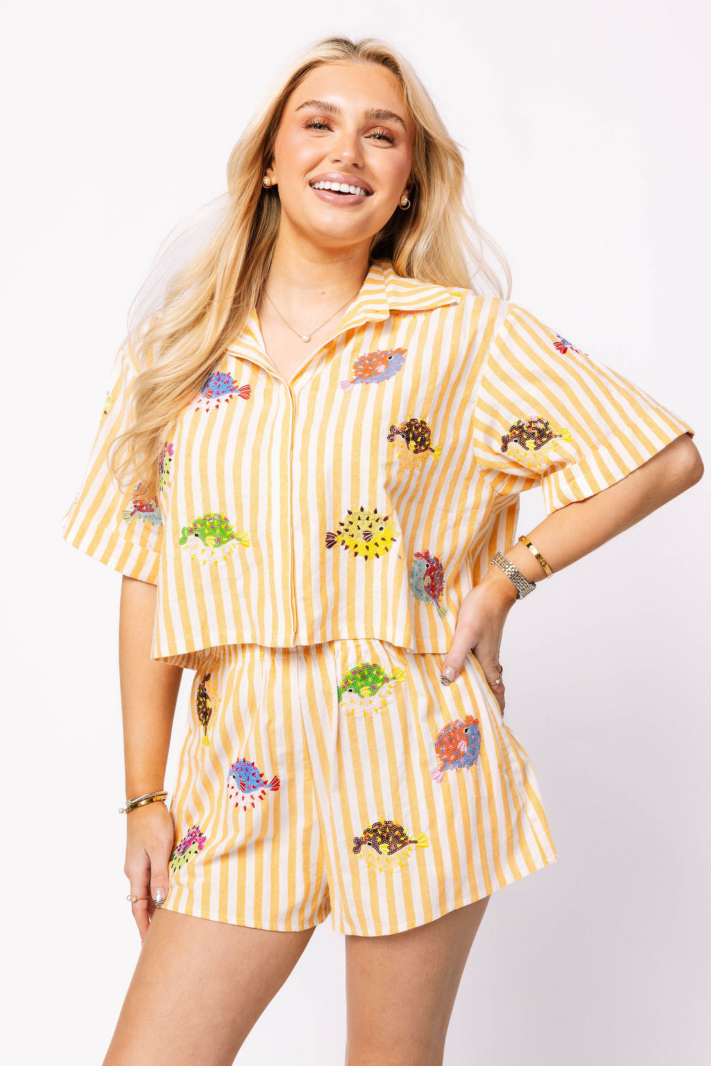 Yellow & White Stripe Multi Puffer Button Up Top