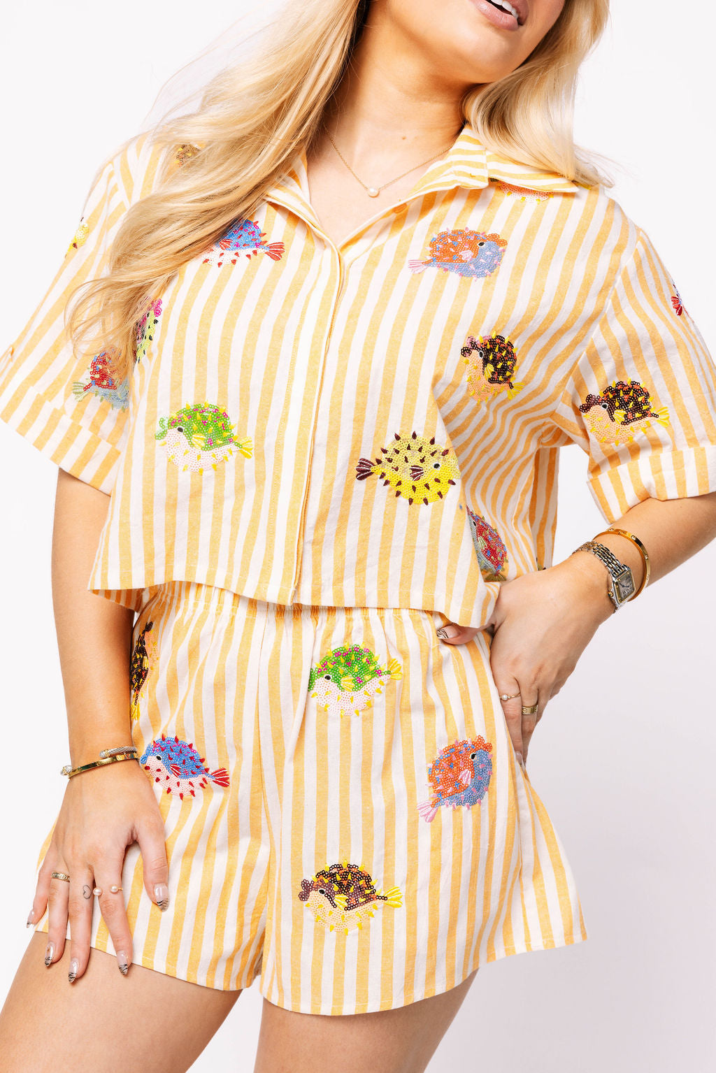 Yellow & White Stripe Multi Puffer Button Up Top