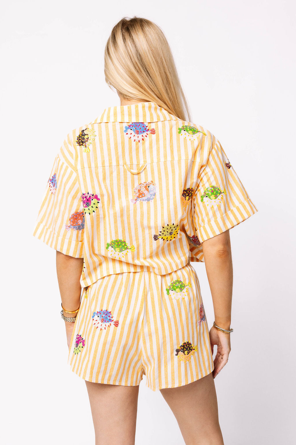 Yellow & White Stripe Multi Puffer Button Up Top