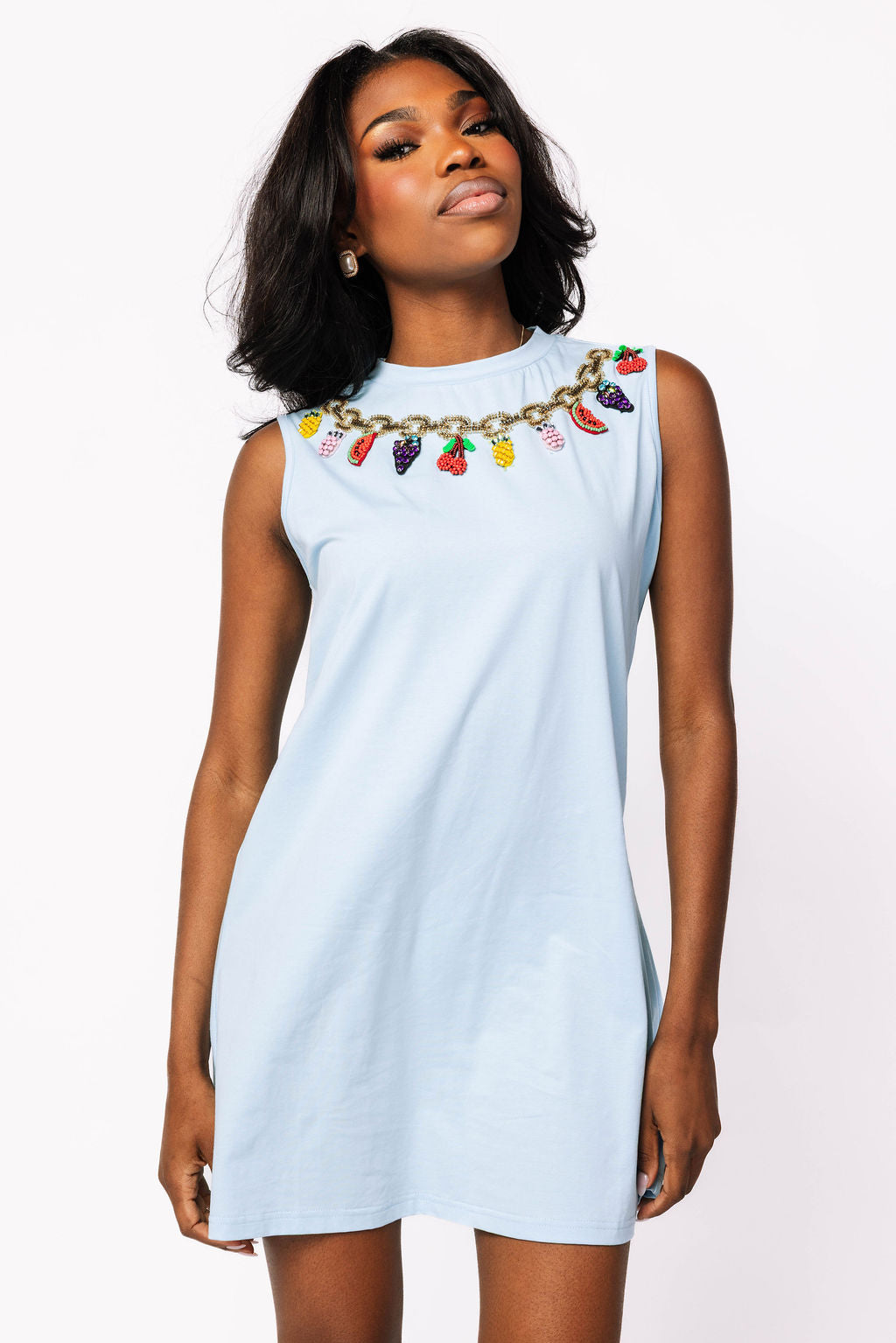 Light Blue Fruit Charm Necklace Tank Dress
