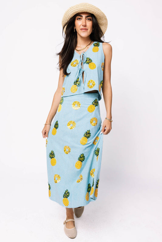 Blue & White Striped Pineapple Midi Skirt