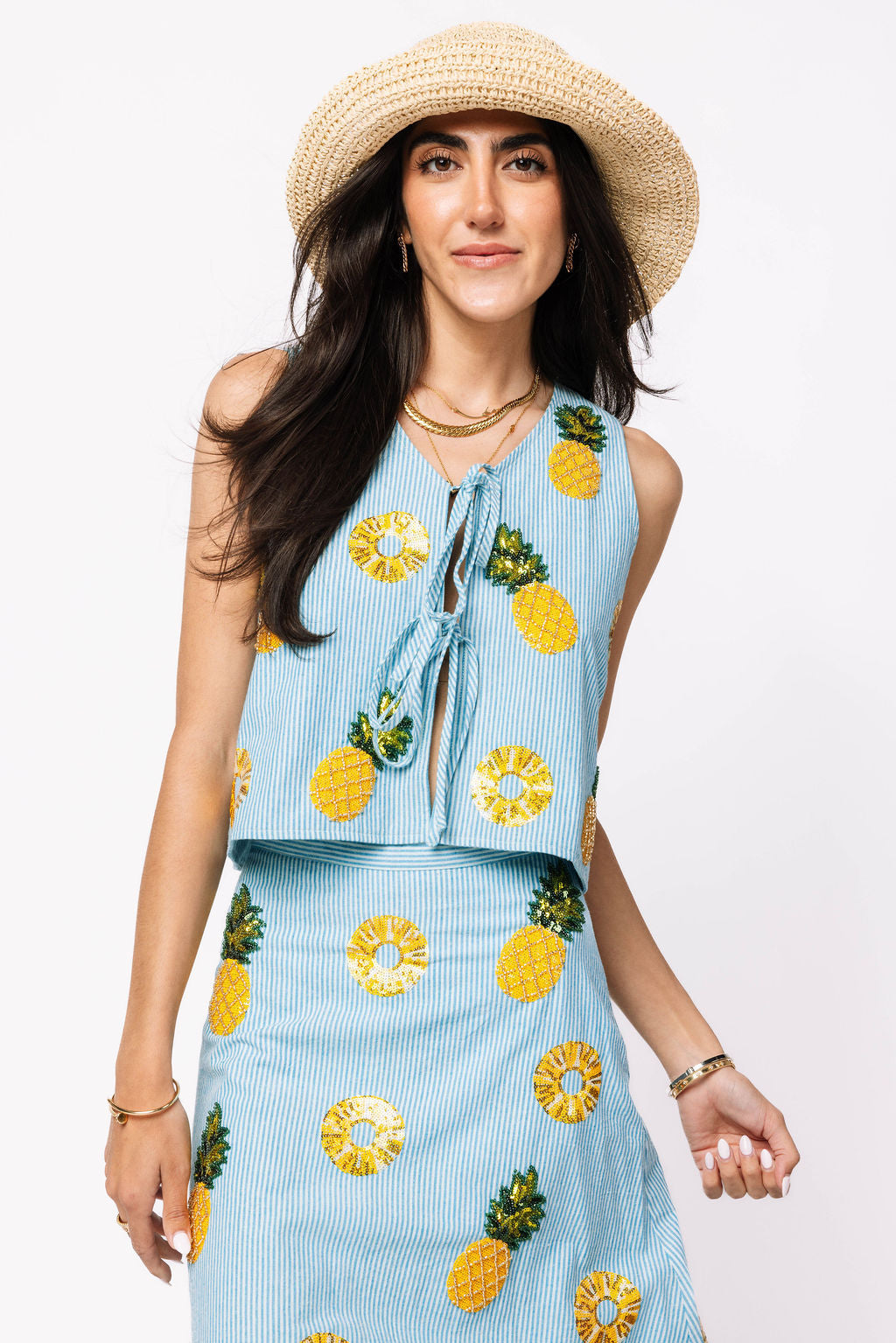 Blue & White Striped Pineapple Tie Tank