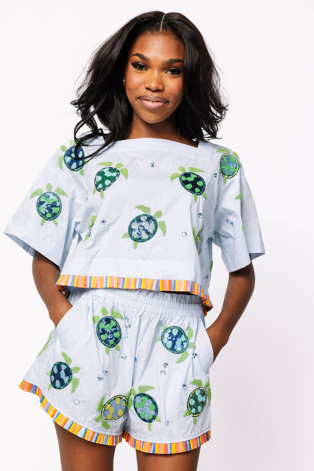 Light Blue Cotton Turtle Fringe Short