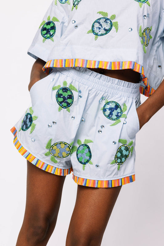 Light Blue Cotton Turtle Fringe Short