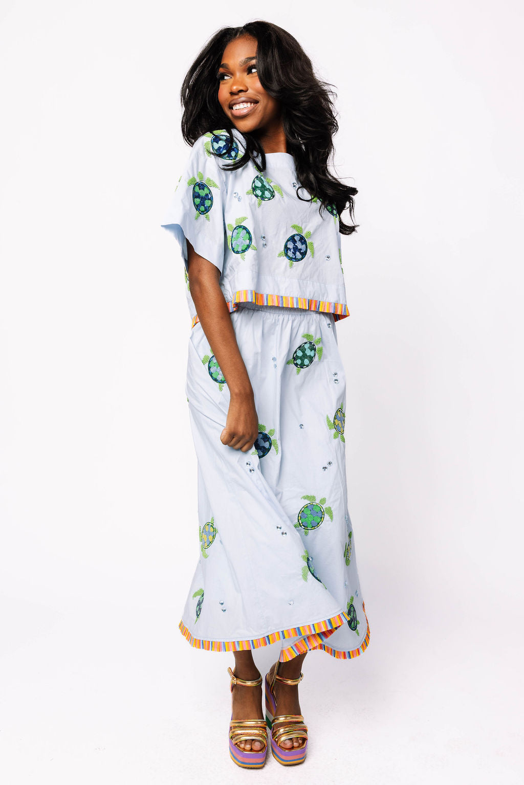 Light Blue Cotton Turtle Fringe Midi Skirt