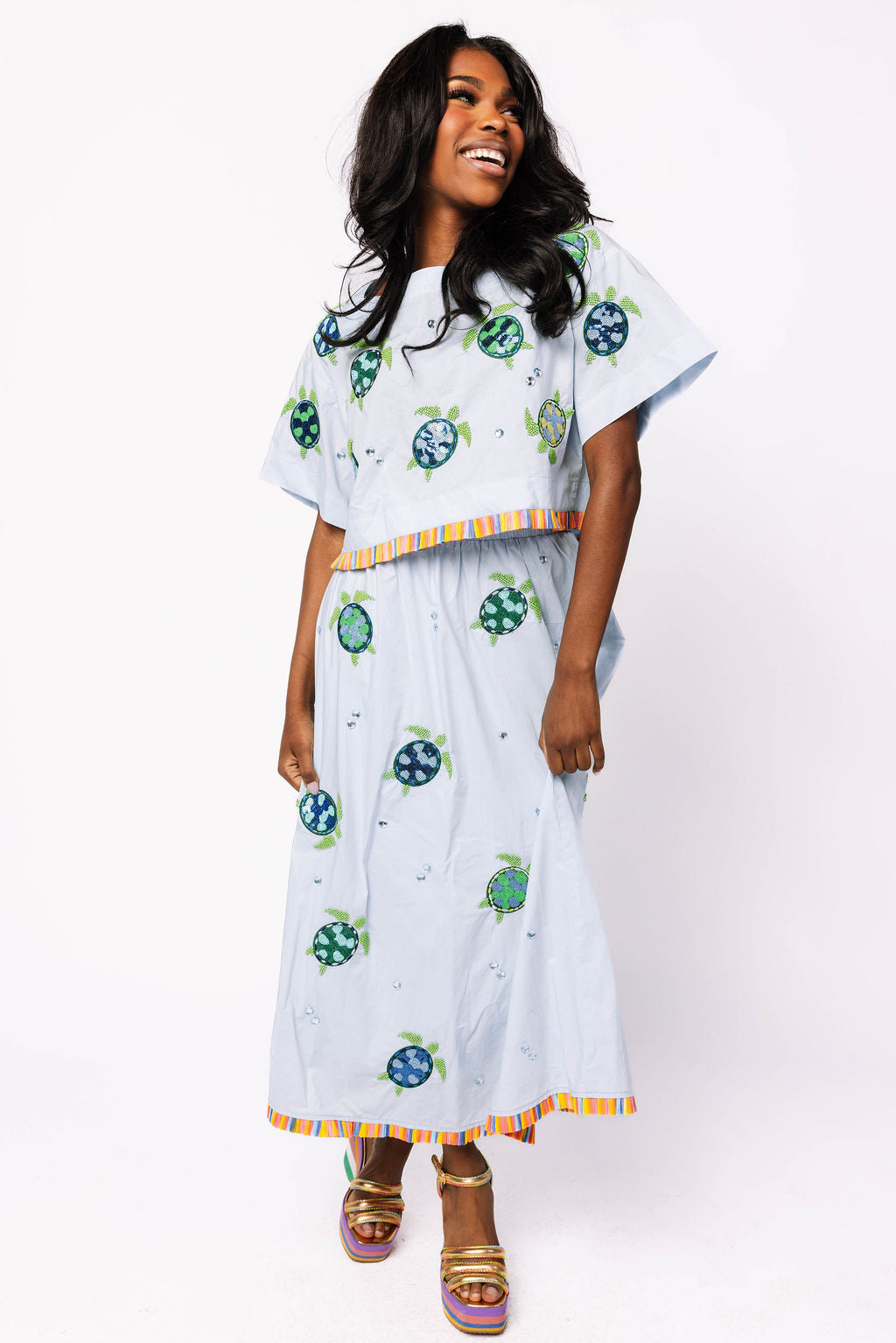 Light Blue Cotton Turtle Fringe Midi Skirt