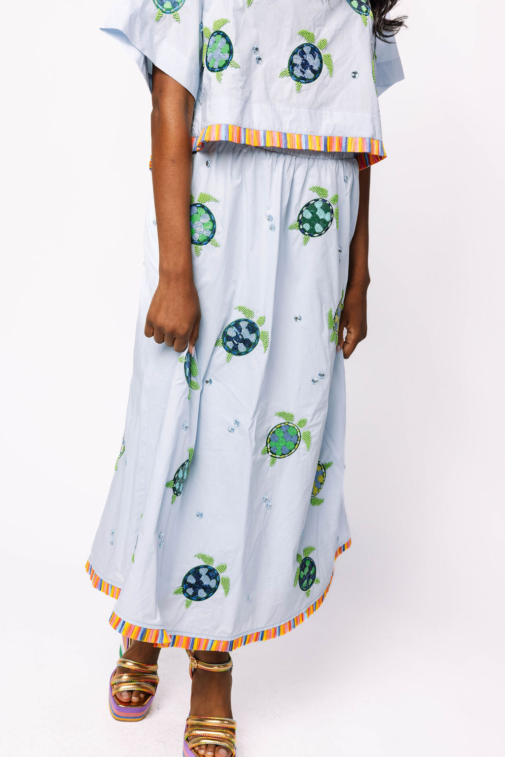 Light Blue Cotton Turtle Fringe Midi Skirt