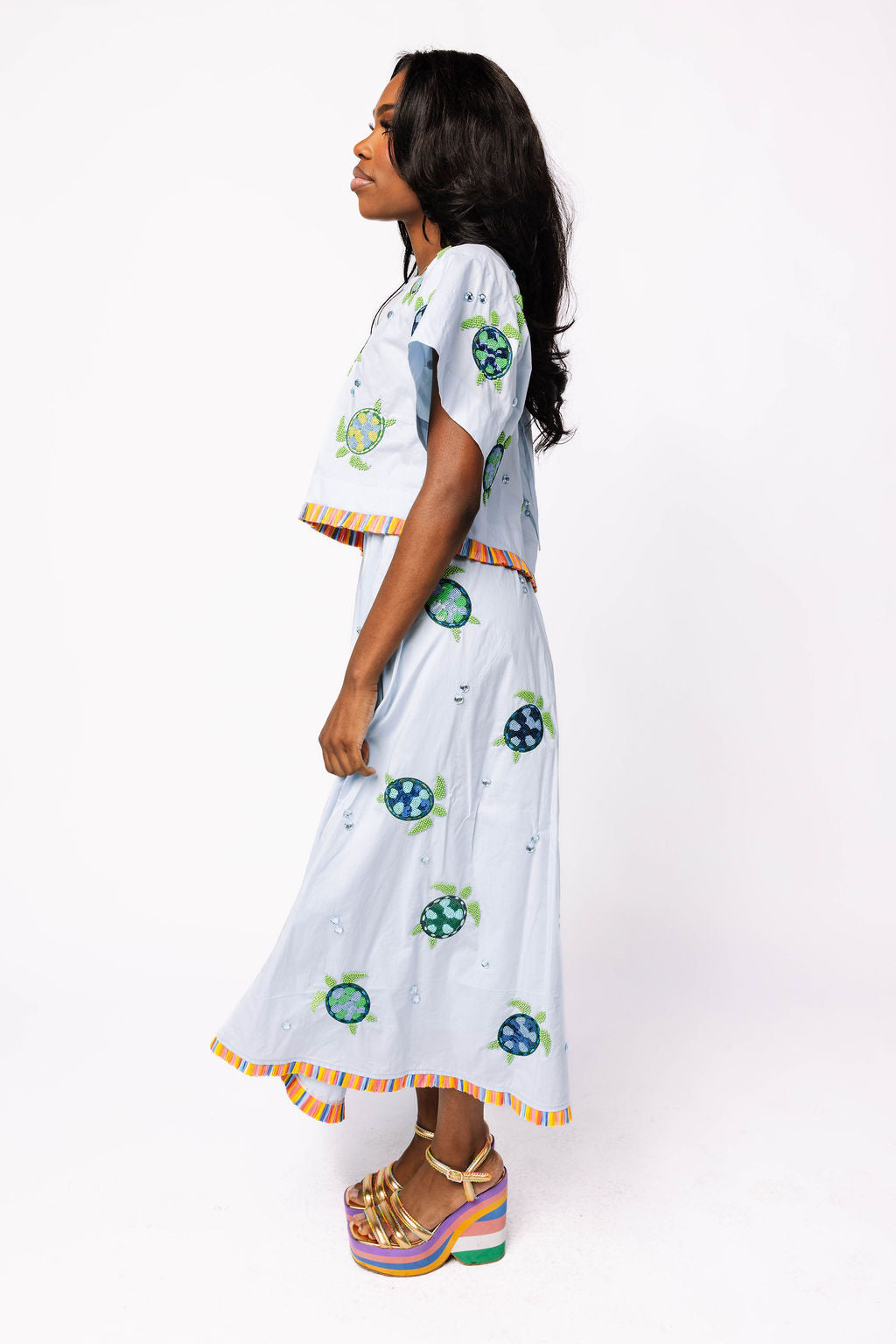 Light Blue Cotton Turtle Fringe Midi Skirt