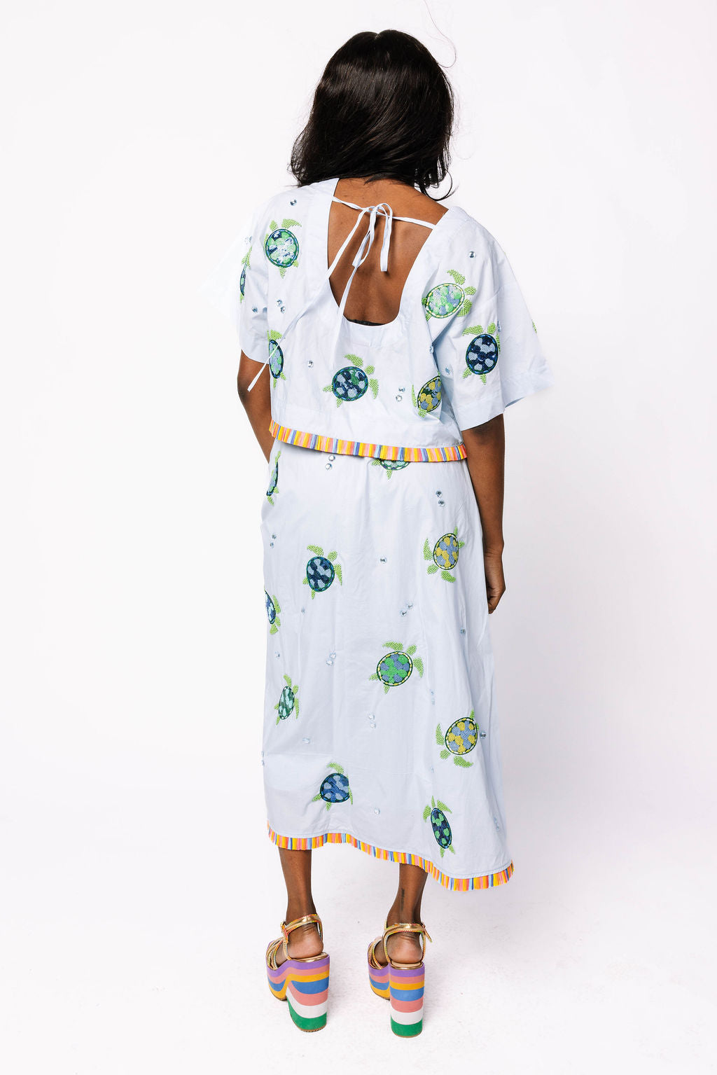 Light Blue Cotton Turtle Fringe Midi Skirt