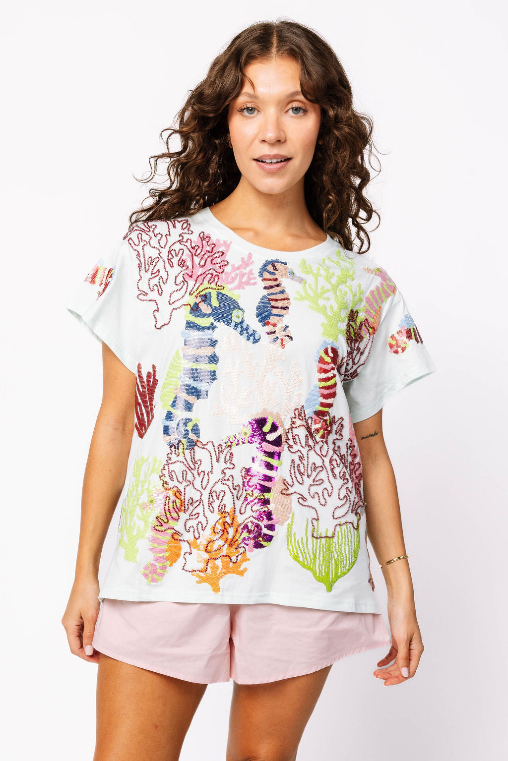 Light Blue Multi Coral & Seahorse Tee