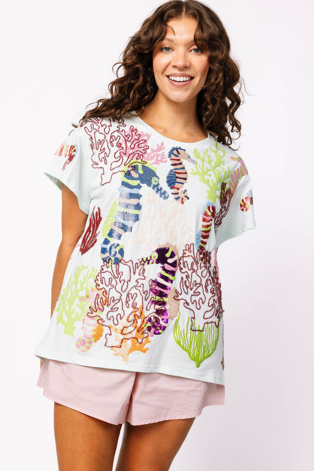 Light Blue Multi Coral & Seahorse Tee