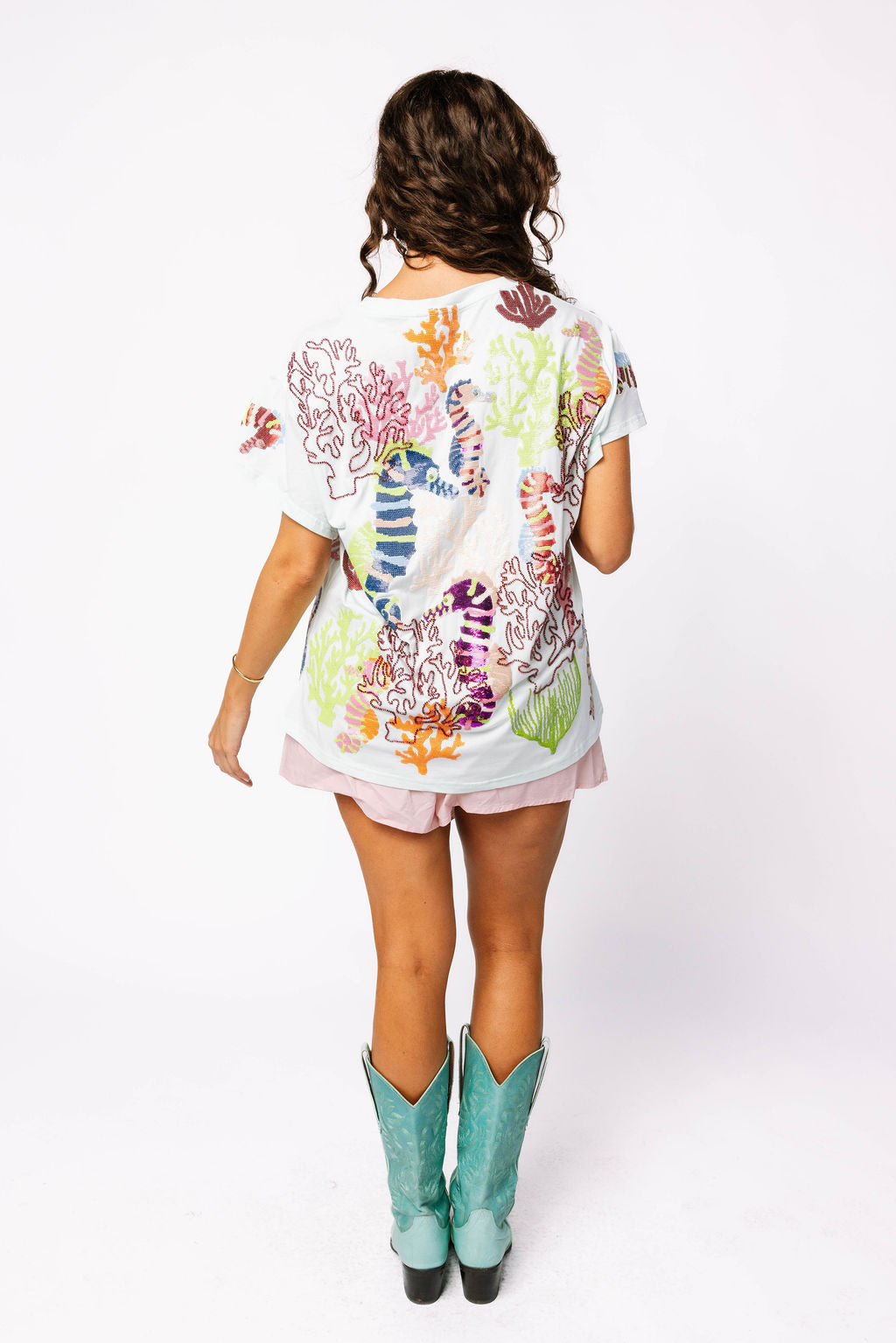 Light Blue Multi Coral & Seahorse Tee