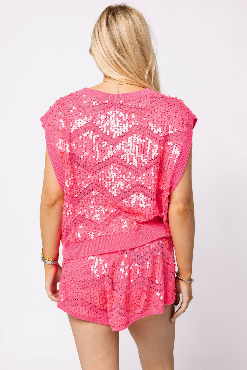 Neon Pink Full Sequin Zig Zag Sweater Tank